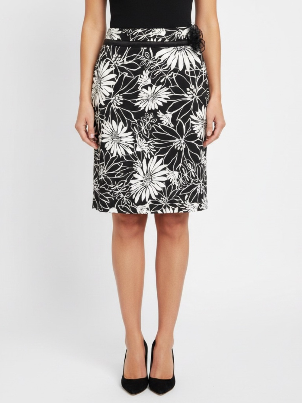 BIYAYCDA black white floral pencil skirt size 8 back zip rosette cotton spandex